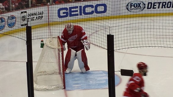 Jimmy Howard scuffs up the crease